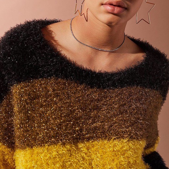 NWT UO Fuzzy Glitter Striped Sweater Navy Blue - Picture 4 of 5